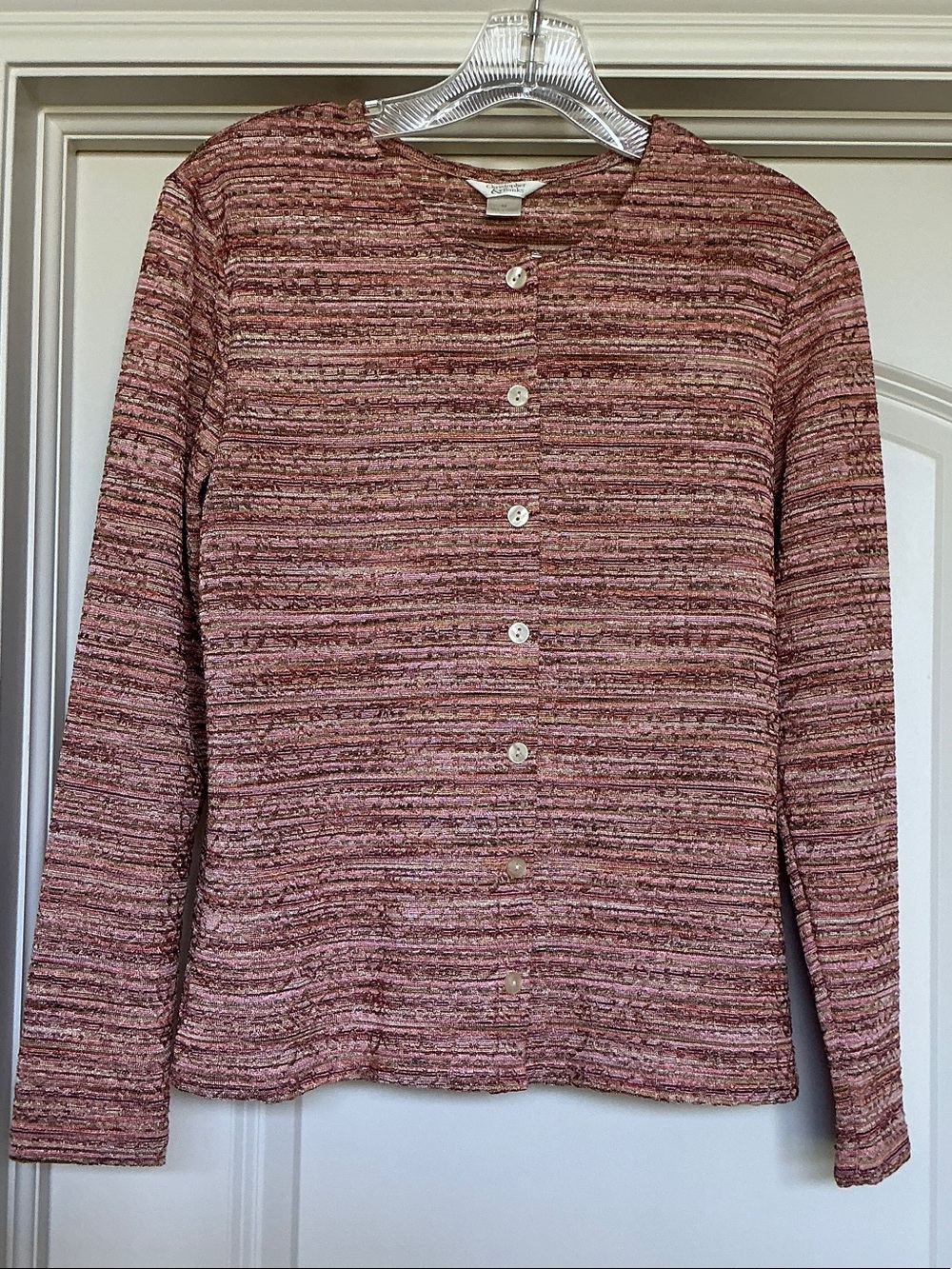 Christopher & Banks Textured Button-Up Cardigan in Rose-Mauve Stripes * M